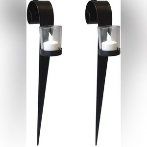 Multistore 2002 set of 2 Black Metal Wall Sconces Candle Holders, Glass Inserts.